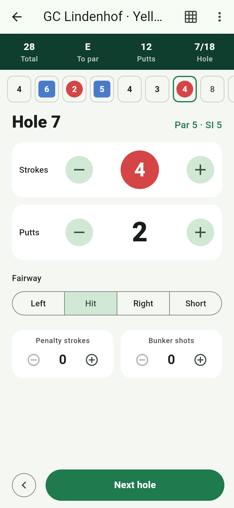 Scorecard on hole 7, par 5: four strokes marked as a birdie, two putts, fairway hit